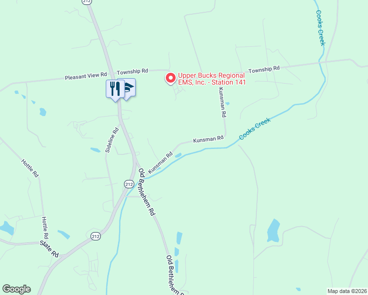 map of restaurants, bars, coffee shops, grocery stores, and more near 2298 Kunsman Road in Quakertown