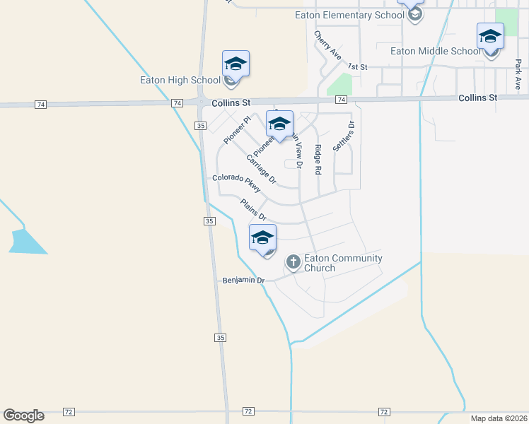 map of restaurants, bars, coffee shops, grocery stores, and more near 1573 Plains Court in Eaton
