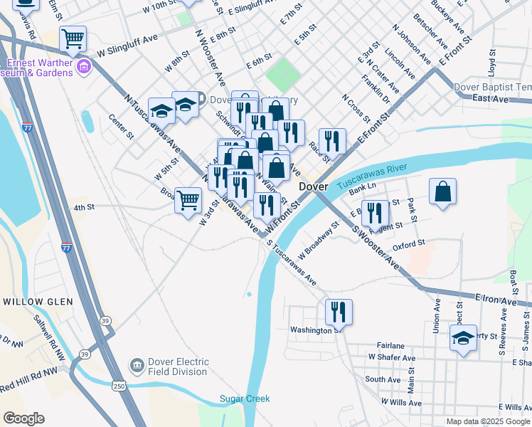 map of restaurants, bars, coffee shops, grocery stores, and more near 153 Cherry Street in Dover