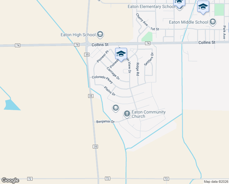 map of restaurants, bars, coffee shops, grocery stores, and more near 1573 Plains Court in Eaton
