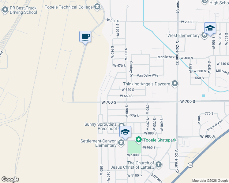 map of restaurants, bars, coffee shops, grocery stores, and more near 959 West 620 South in Tooele