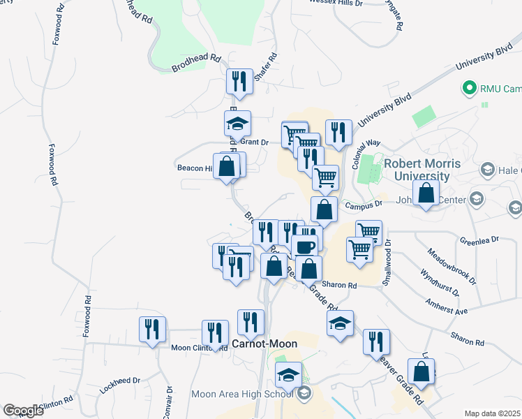 map of restaurants, bars, coffee shops, grocery stores, and more near 203 College Park Drive in Moon