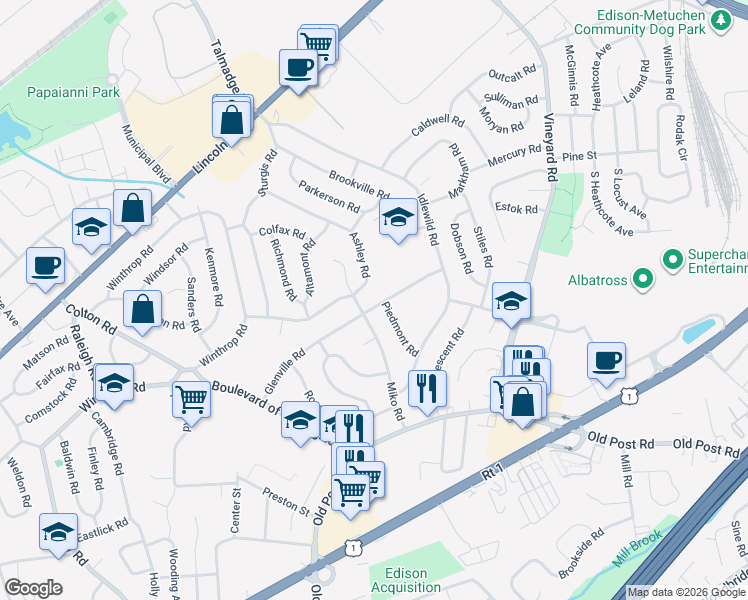 map of restaurants, bars, coffee shops, grocery stores, and more near 42 Ashley Road in Edison