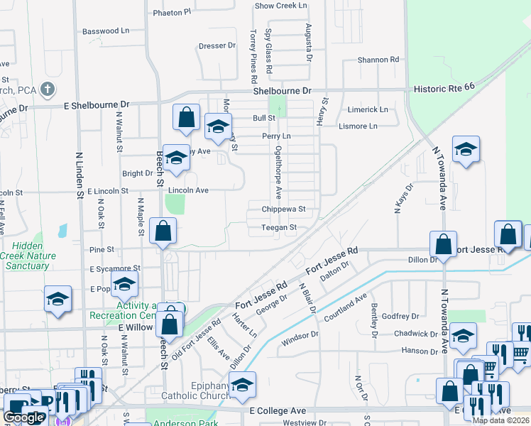 map of restaurants, bars, coffee shops, grocery stores, and more near 1109 Ogelthorpe Avenue in Normal