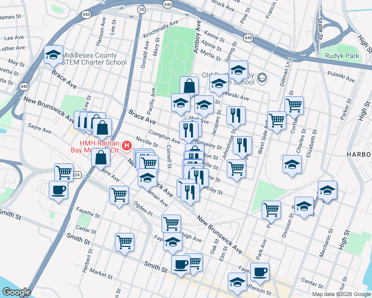 map of restaurants, bars, coffee shops, grocery stores, and more near 558 Amboy Avenue in Perth Amboy