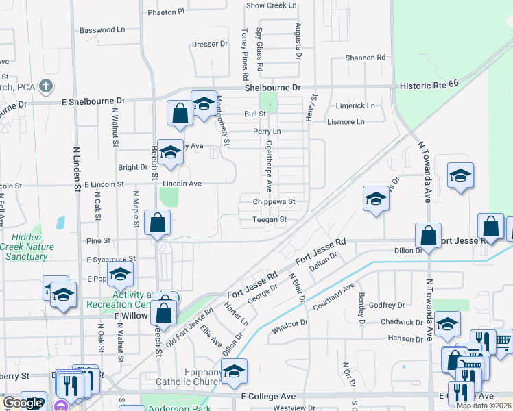map of restaurants, bars, coffee shops, grocery stores, and more near 1003 Chippewa Street in Normal