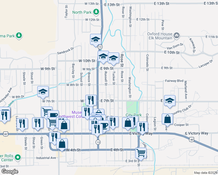 map of restaurants, bars, coffee shops, grocery stores, and more near 785 Russell Street in Craig