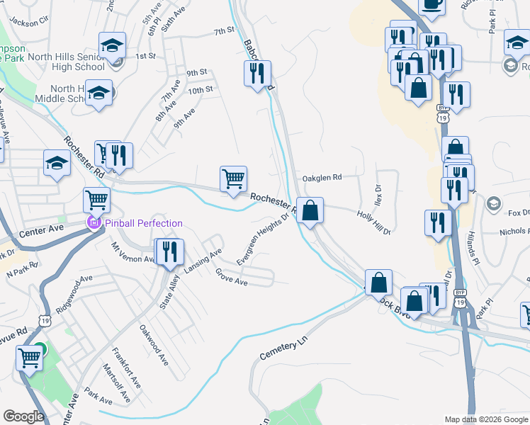 map of restaurants, bars, coffee shops, grocery stores, and more near 205 Adele Court in Pittsburgh