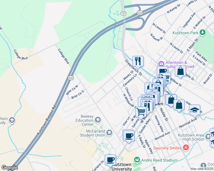 map of restaurants, bars, coffee shops, grocery stores, and more near 332 Fairview Drive in Kutztown
