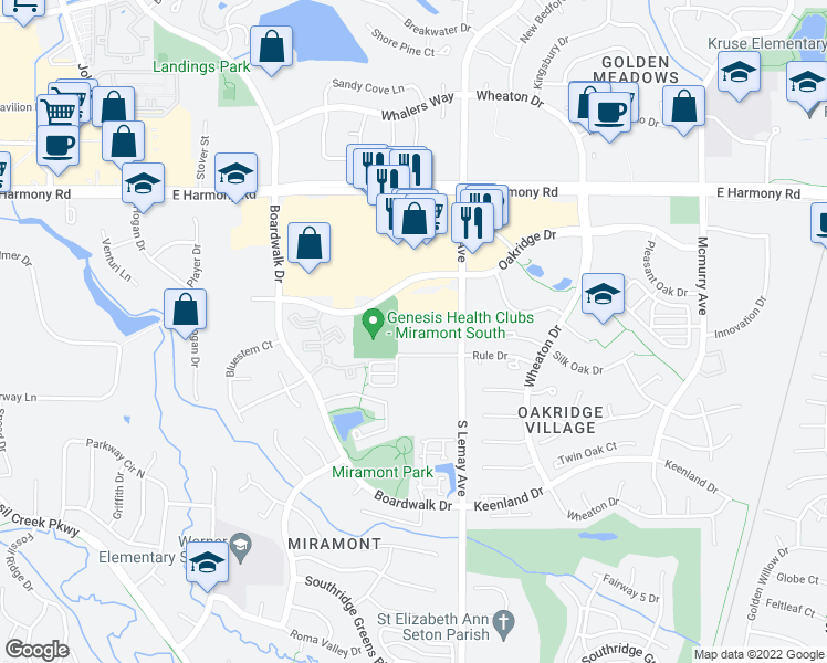 map of restaurants, bars, coffee shops, grocery stores, and more near 1002 Rule Drive in Fort Collins