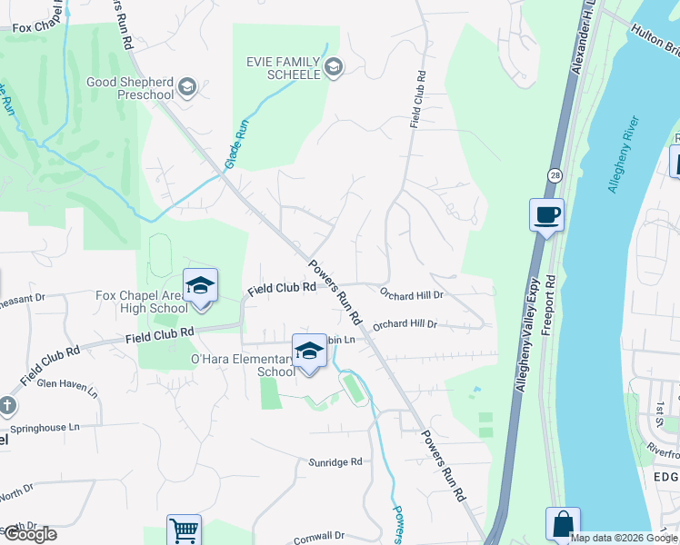 map of restaurants, bars, coffee shops, grocery stores, and more near 1506 Powers Run Road in Pittsburgh