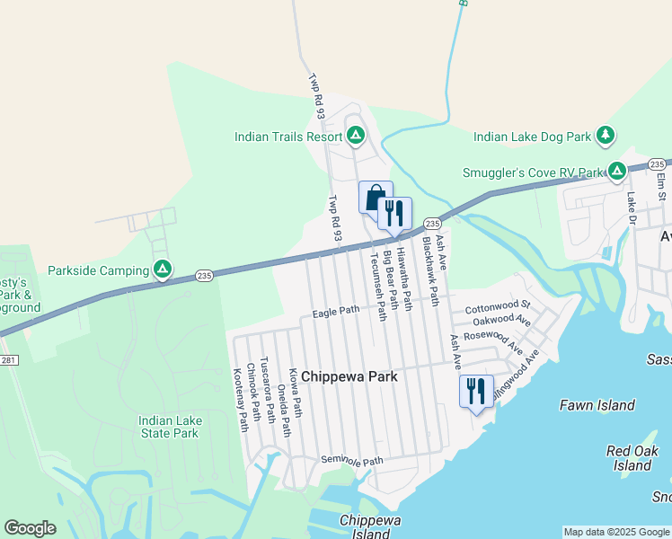 map of restaurants, bars, coffee shops, grocery stores, and more near 11422-11598 Chickasaw Path in Lakeview