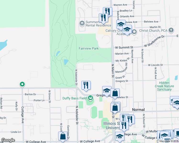 map of restaurants, bars, coffee shops, grocery stores, and more near 700 North Adelaide Street in Normal
