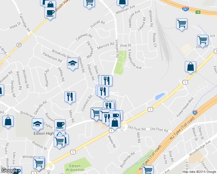 map of restaurants, bars, coffee shops, grocery stores, and more near 56 Vineyard Rd in Edison