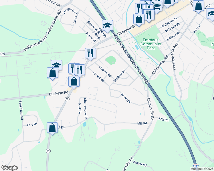 map of restaurants, bars, coffee shops, grocery stores, and more near 4172 Robert Road in Emmaus