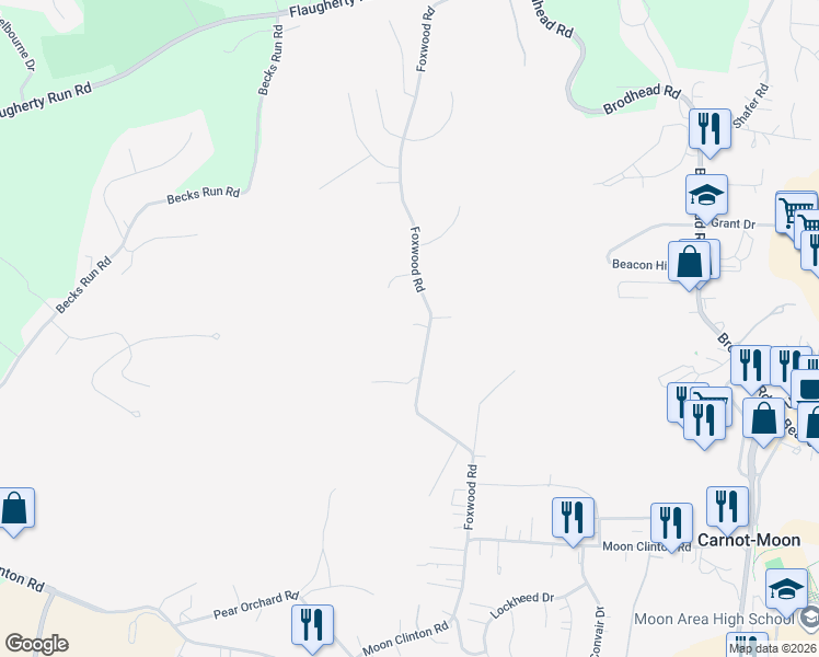 map of restaurants, bars, coffee shops, grocery stores, and more near 202 Foxwood Road in Coraopolis
