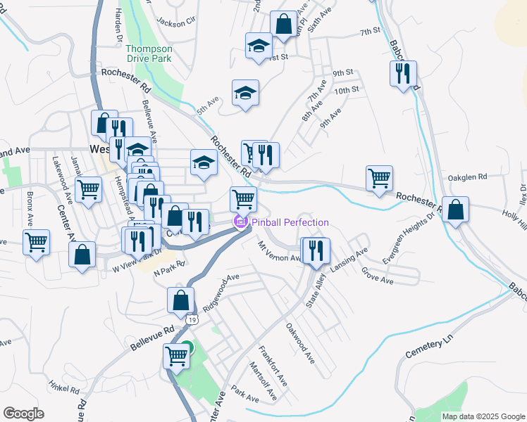 map of restaurants, bars, coffee shops, grocery stores, and more near 25 Township Road in Pittsburgh