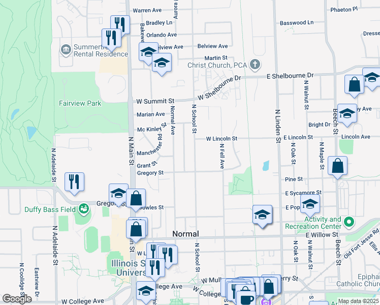 map of restaurants, bars, coffee shops, grocery stores, and more near 711 North School Street in Normal