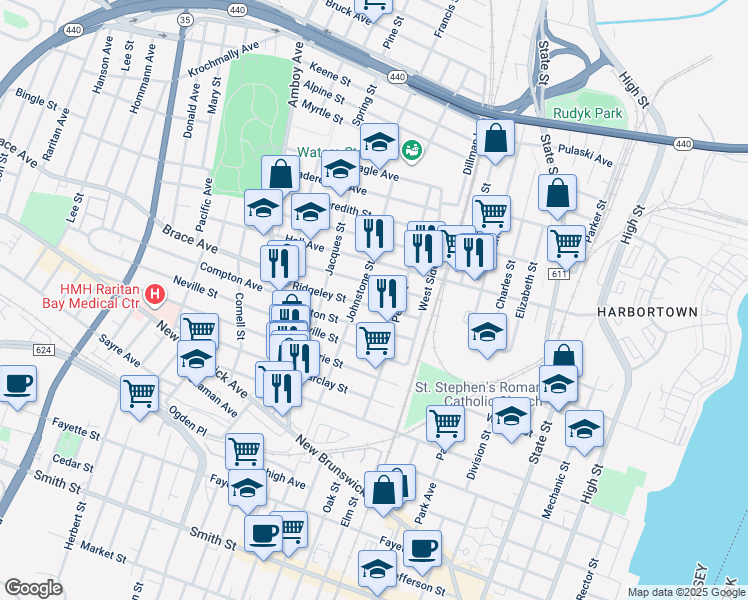 map of restaurants, bars, coffee shops, grocery stores, and more near 306 Ridgeley Street in Perth Amboy