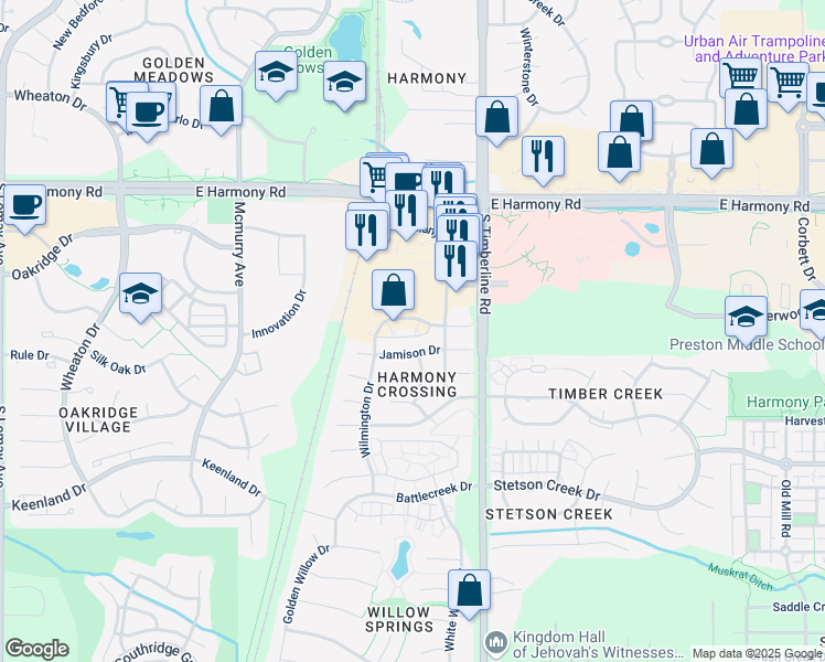 map of restaurants, bars, coffee shops, grocery stores, and more near 1939 Wilmington Drive in Fort Collins