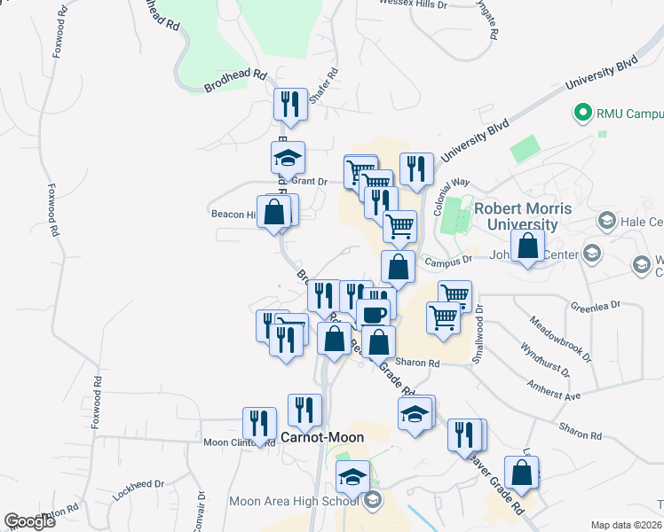 map of restaurants, bars, coffee shops, grocery stores, and more near 430 College Park Drive in Coraopolis