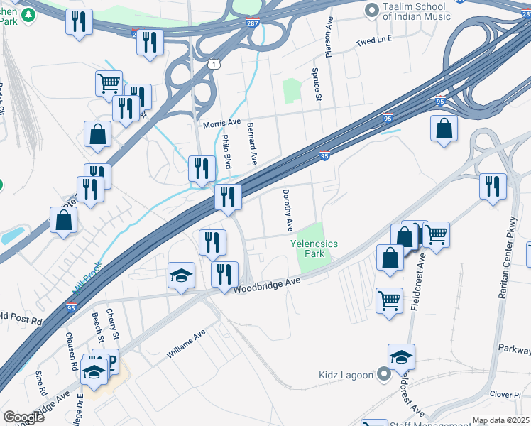 map of restaurants, bars, coffee shops, grocery stores, and more near 46 Bernard Avenue in Edison