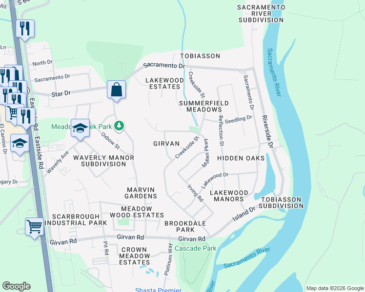 map of restaurants, bars, coffee shops, grocery stores, and more near 2910 Cleo Court in Redding