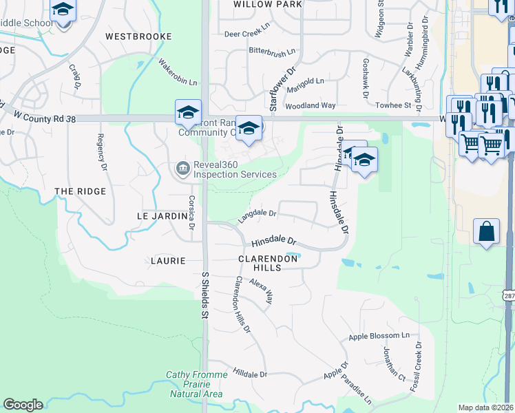 map of restaurants, bars, coffee shops, grocery stores, and more near 902 Langdale Dr in Fort Collins