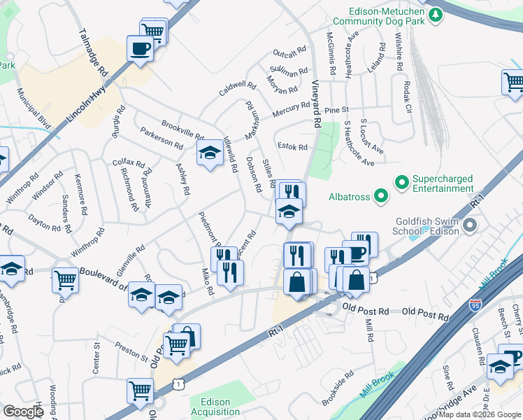 map of restaurants, bars, coffee shops, grocery stores, and more near 19 Johnstone Street in Edison