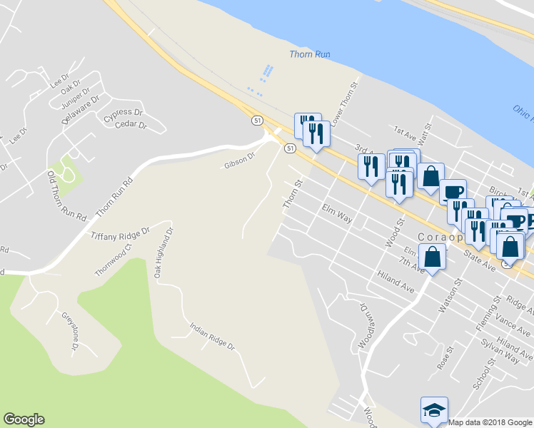 map of restaurants, bars, coffee shops, grocery stores, and more near 627 Thorn Hollow Drive in Coraopolis