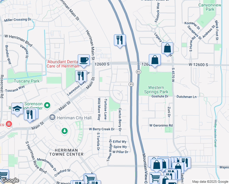 map of restaurants, bars, coffee shops, grocery stores, and more near 12767 Timber Run Drive in Riverton