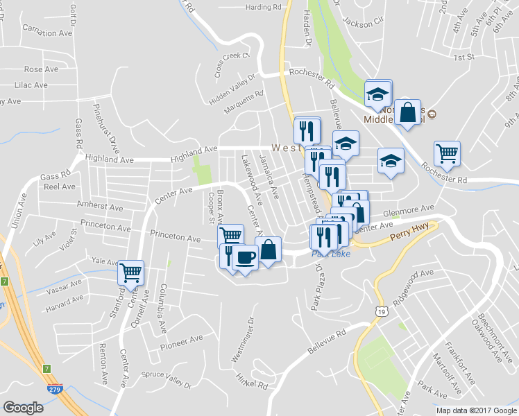 map of restaurants, bars, coffee shops, grocery stores, and more near 163 Lakewood Avenue in Pittsburgh