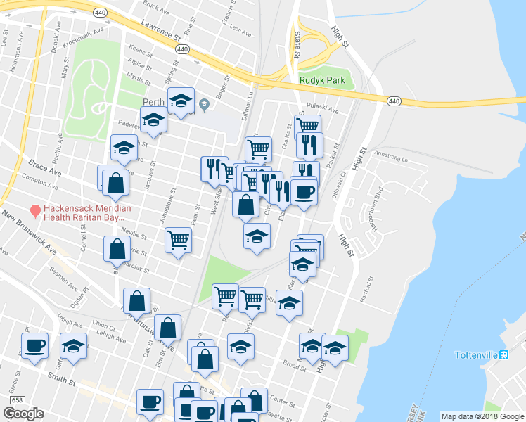 map of restaurants, bars, coffee shops, grocery stores, and more near 207 Hall Avenue in Perth Amboy