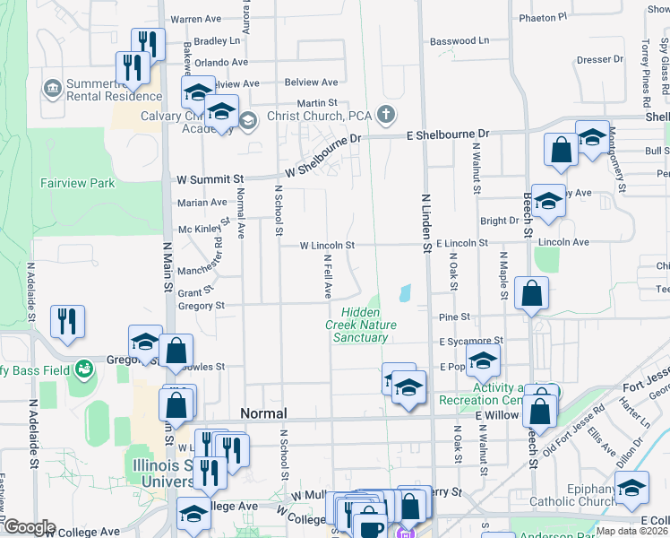map of restaurants, bars, coffee shops, grocery stores, and more near 914 North Fell Avenue in Normal