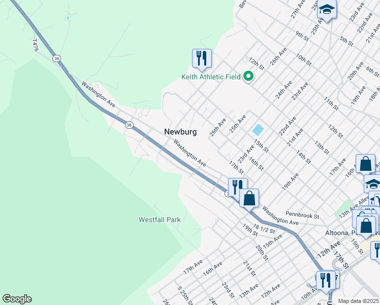 map of restaurants, bars, coffee shops, grocery stores, and more near 2524 Washington Avenue in Altoona