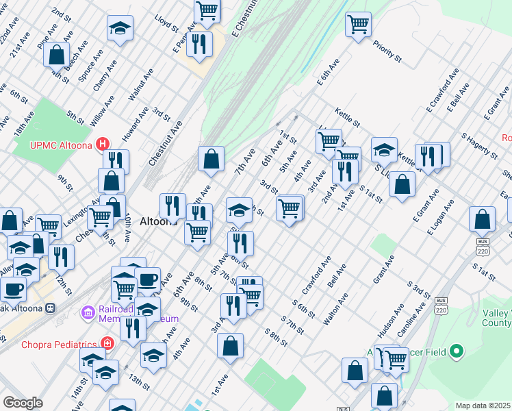 map of restaurants, bars, coffee shops, grocery stores, and more near 328 5th Avenue in Altoona
