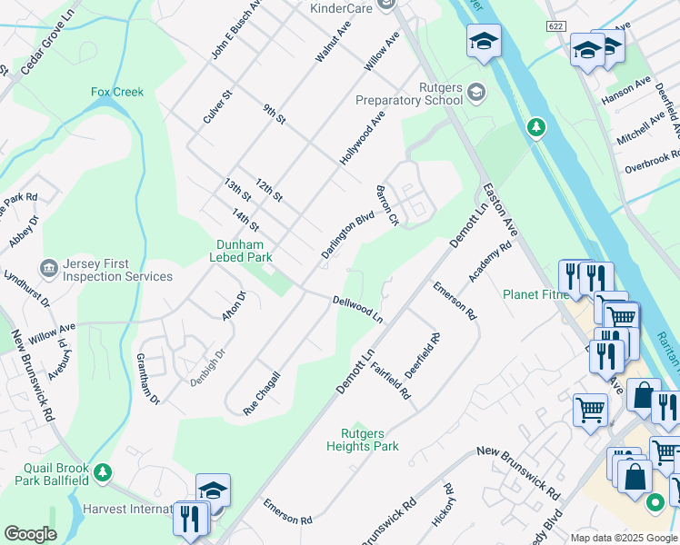 map of restaurants, bars, coffee shops, grocery stores, and more near 15 Dellwood Lane in Franklin Township