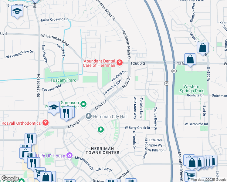 map of restaurants, bars, coffee shops, grocery stores, and more near 5137 Stockfield Lane in Herriman