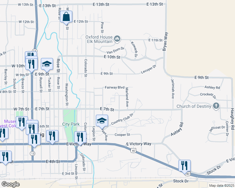 map of restaurants, bars, coffee shops, grocery stores, and more near 985 East 8th Street in Craig