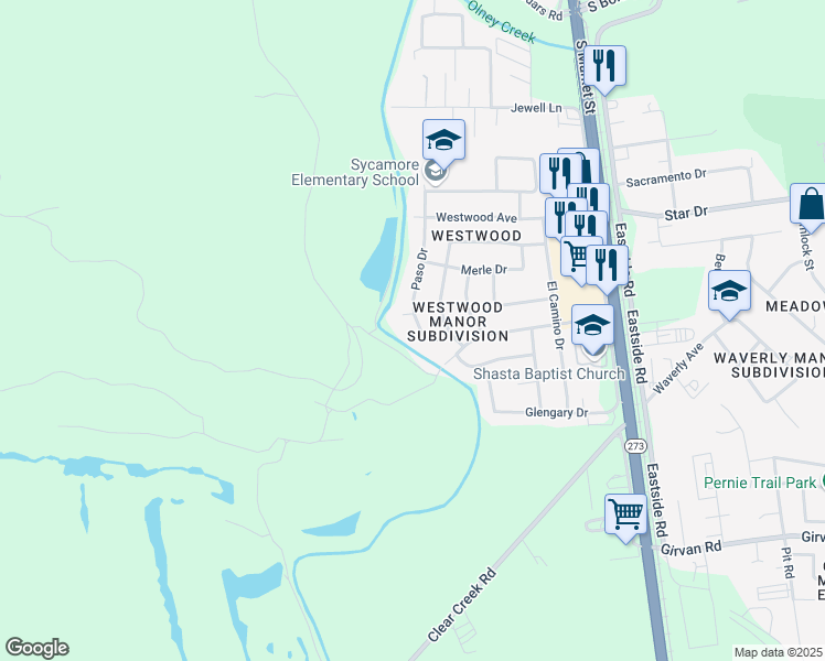 map of restaurants, bars, coffee shops, grocery stores, and more near 6528 Paso Drive in Redding