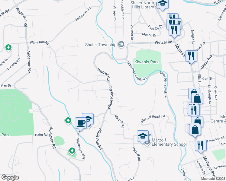 map of restaurants, bars, coffee shops, grocery stores, and more near 598 Wible Run Road in Pittsburgh