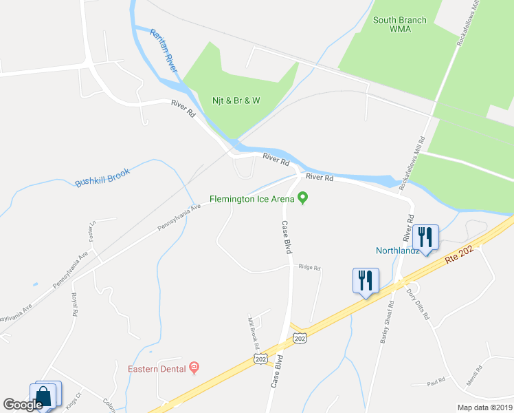 map of restaurants, bars, coffee shops, grocery stores, and more near 222 Pennsylvania Avenue in Flemington