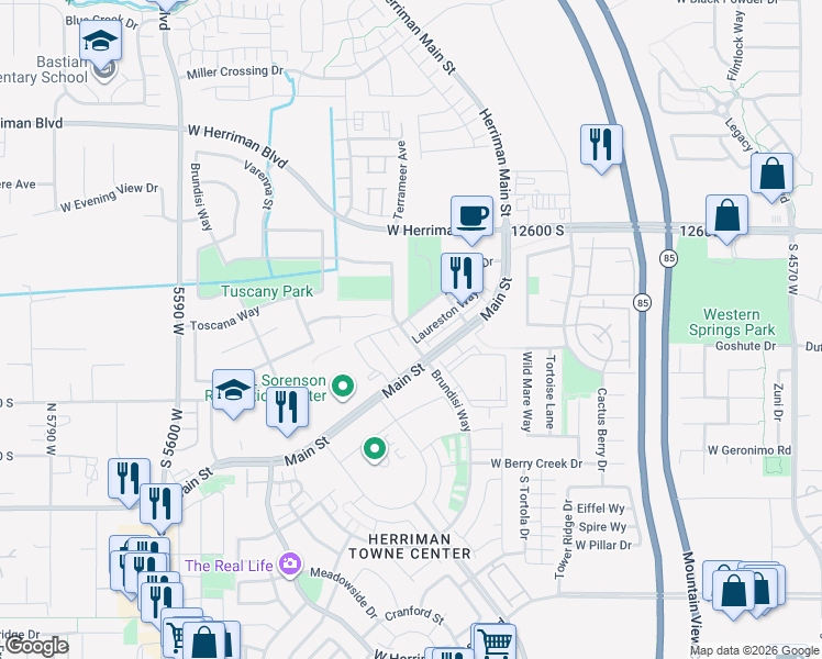 map of restaurants, bars, coffee shops, grocery stores, and more near 12762 South Ashington Lane in Herriman