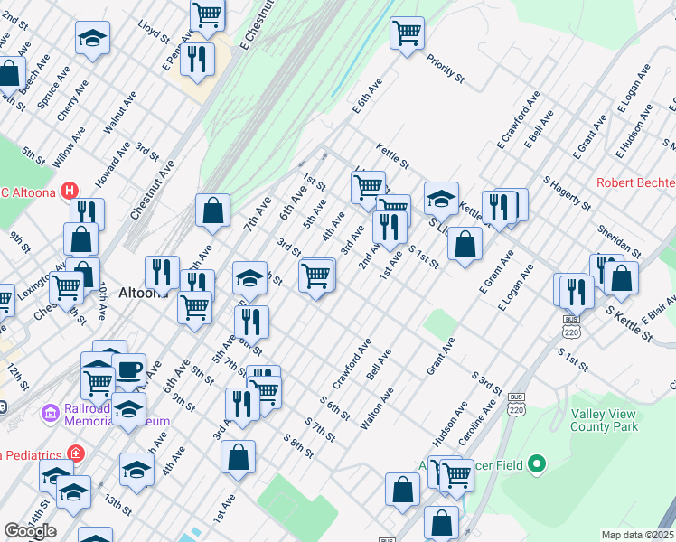 map of restaurants, bars, coffee shops, grocery stores, and more near 225 3rd Ave in Altoona