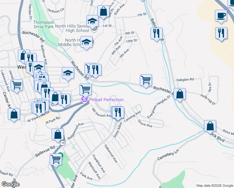 map of restaurants, bars, coffee shops, grocery stores, and more near 2 Norwich Avenue in Pittsburgh