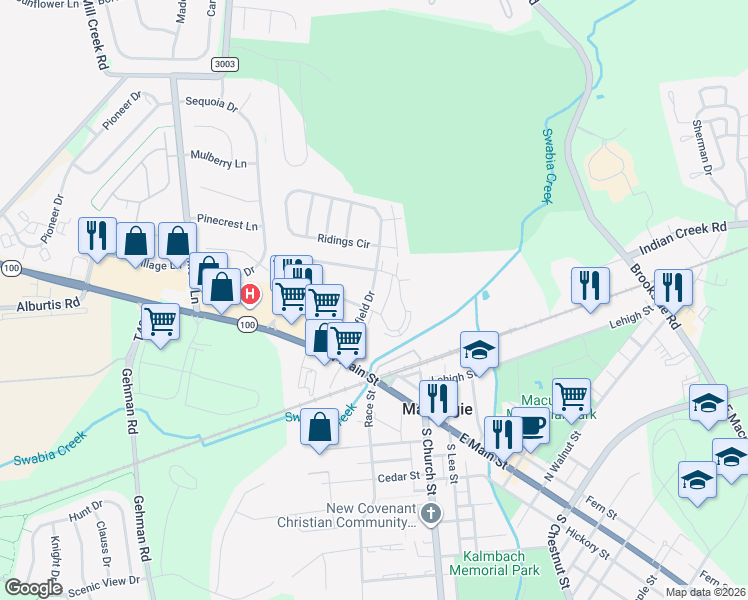 map of restaurants, bars, coffee shops, grocery stores, and more near 107 Brookfield Drive in Macungie