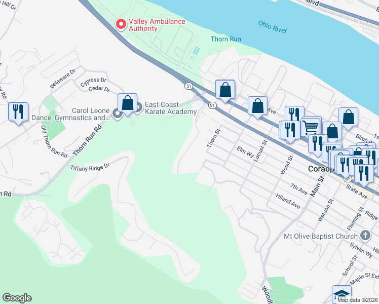 map of restaurants, bars, coffee shops, grocery stores, and more near 627 Thorn Hollow Drive in Coraopolis