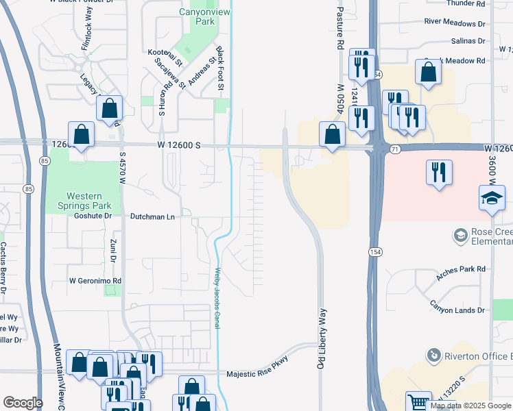 map of restaurants, bars, coffee shops, grocery stores, and more near 4217 Bison Park Court in Riverton