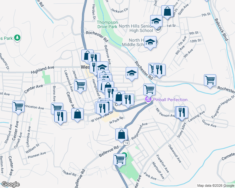 map of restaurants, bars, coffee shops, grocery stores, and more near 20 Bellevue Avenue in Pittsburgh
