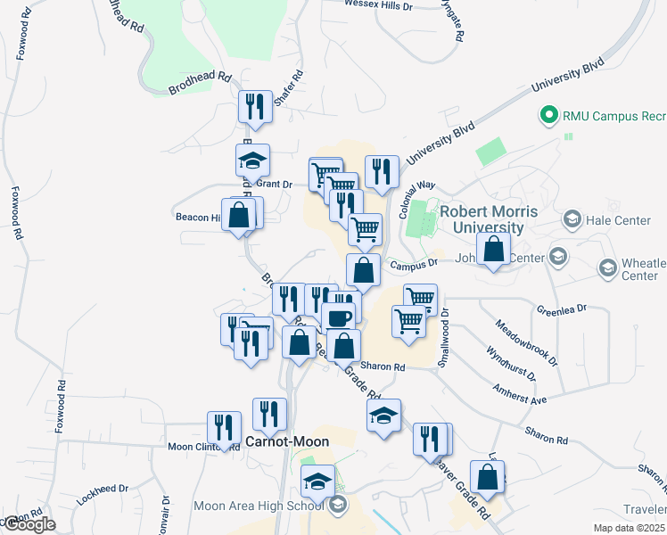 map of restaurants, bars, coffee shops, grocery stores, and more near 912 Farmhaven Drive in Coraopolis